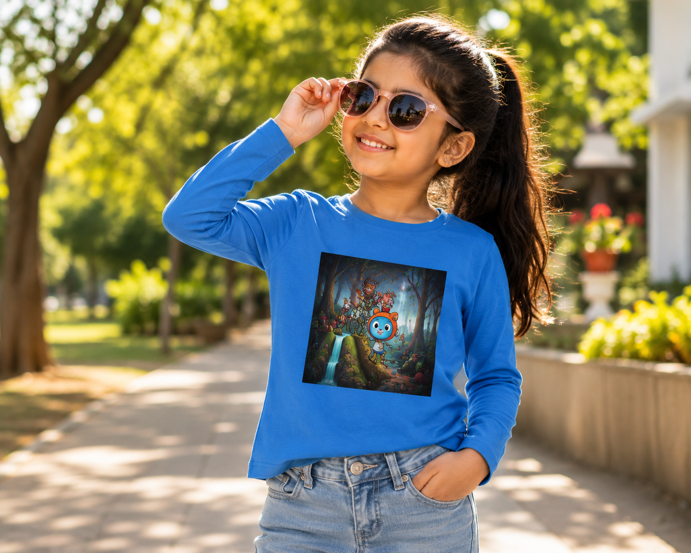 Reekaz Little Explorer Sky Blue Long Sleeve T-Shirt for Girls | Soft Cotton Graphic Tee (1–12 Years)