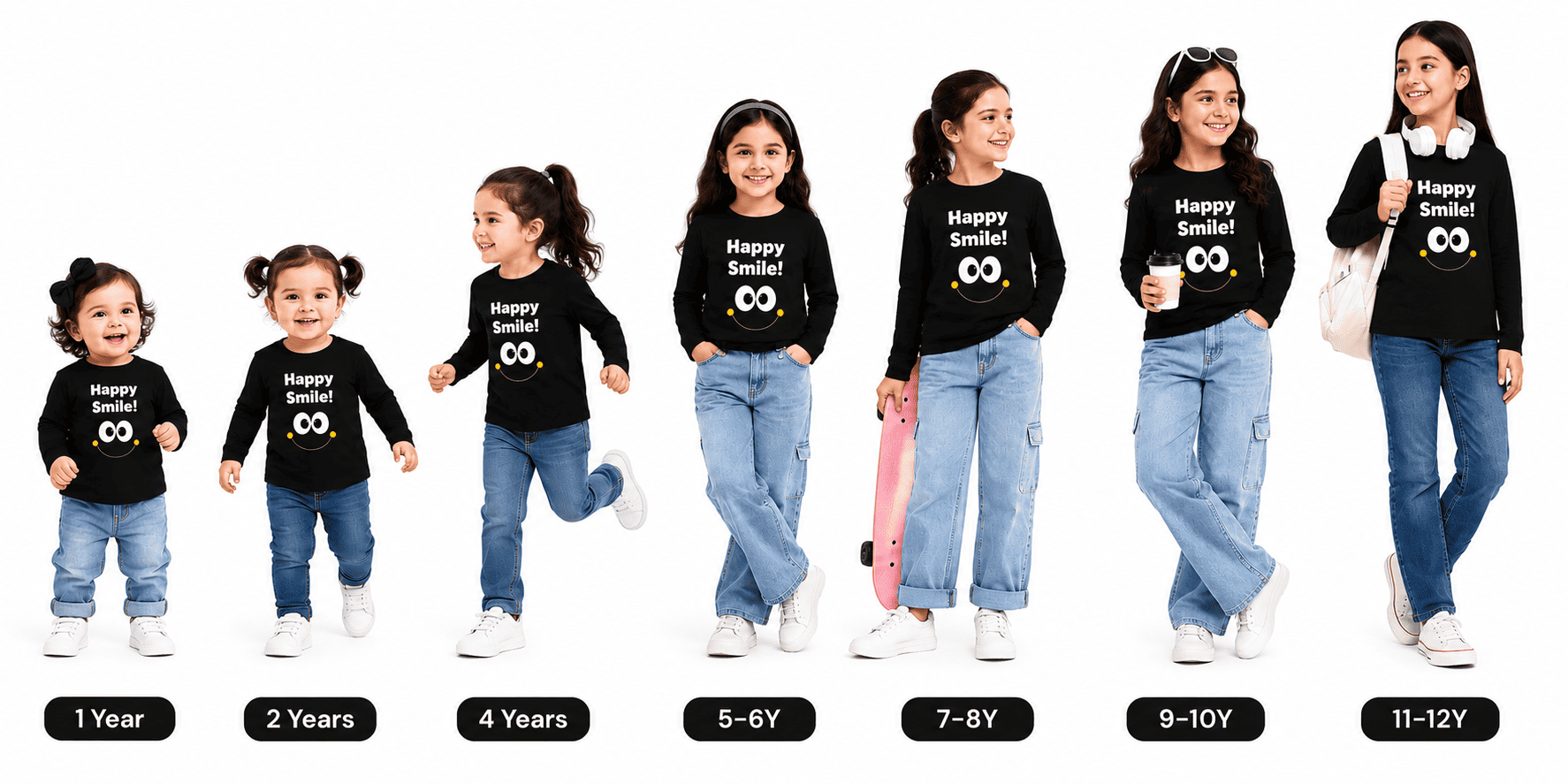 Reekaz Girls Black Happy Smile Long Sleeve Cotton T-Shirt