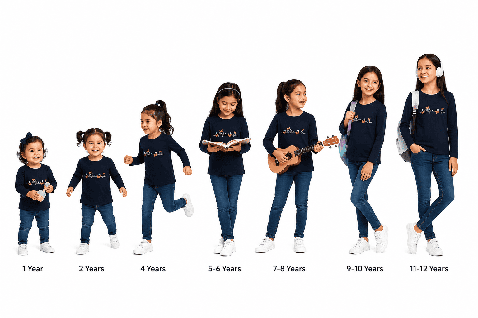 Reekaz Girls Navy Blue Butterfly Heartbeat Floral Long Sleeve T-Shirt | Soft Cotton Casual Top (1–12 Years)