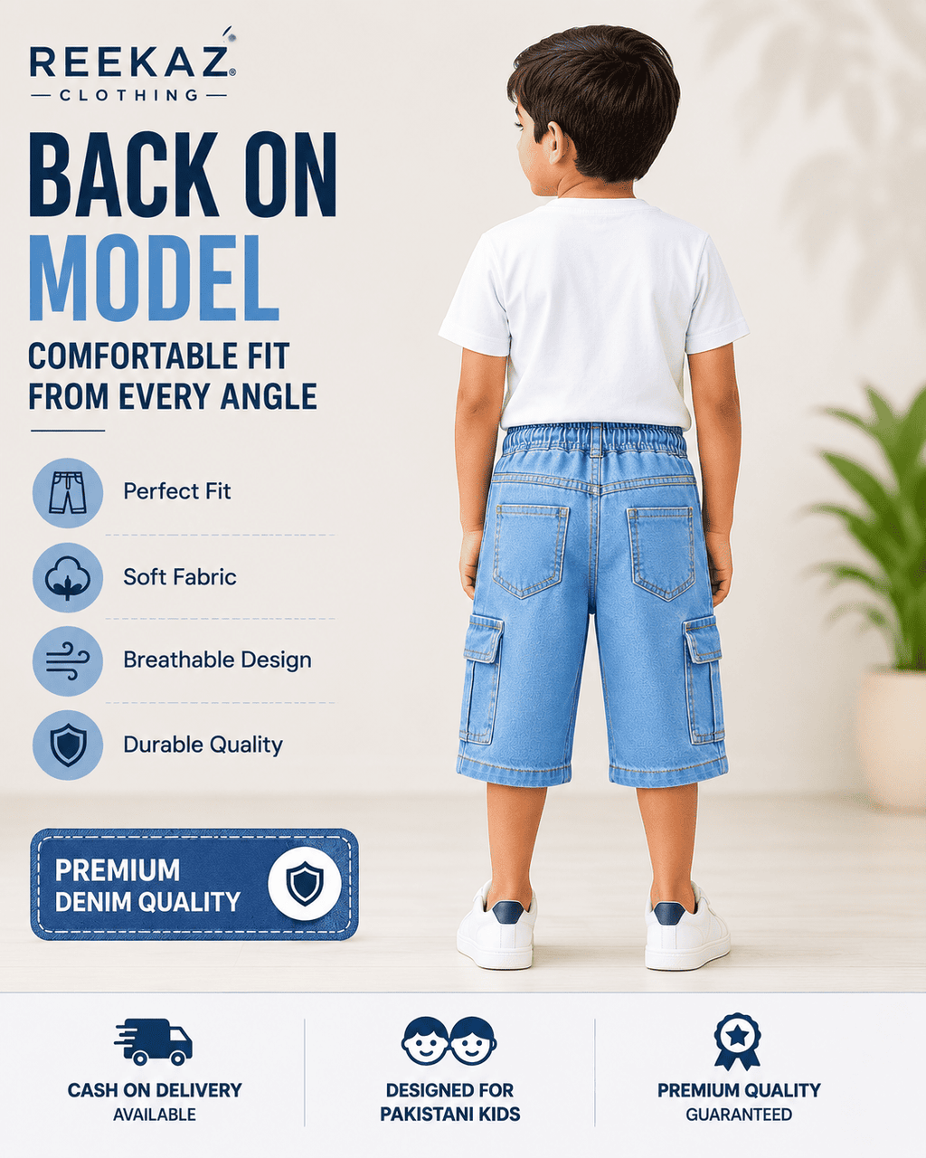 Reekaz Kids Sky Blue Denim Cargo Nicker Shorts | Soft Stretch Waistband | Ages 2-9 Years