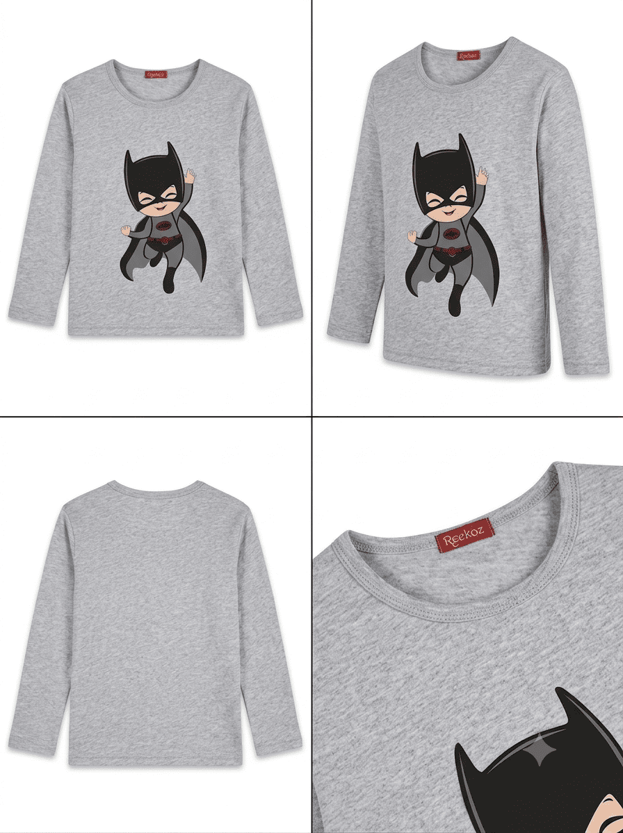 Reekaz Girls Grey Full Sleeve T-Shirt with Superhero Cartoon Print | Soft Cotton Kids Tee