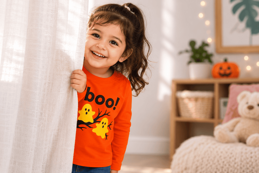 Reekaz Girls Peekaboo Boo! Printed Long Sleeve T-Shirt | Soft Cotton Kids Tee | Orange