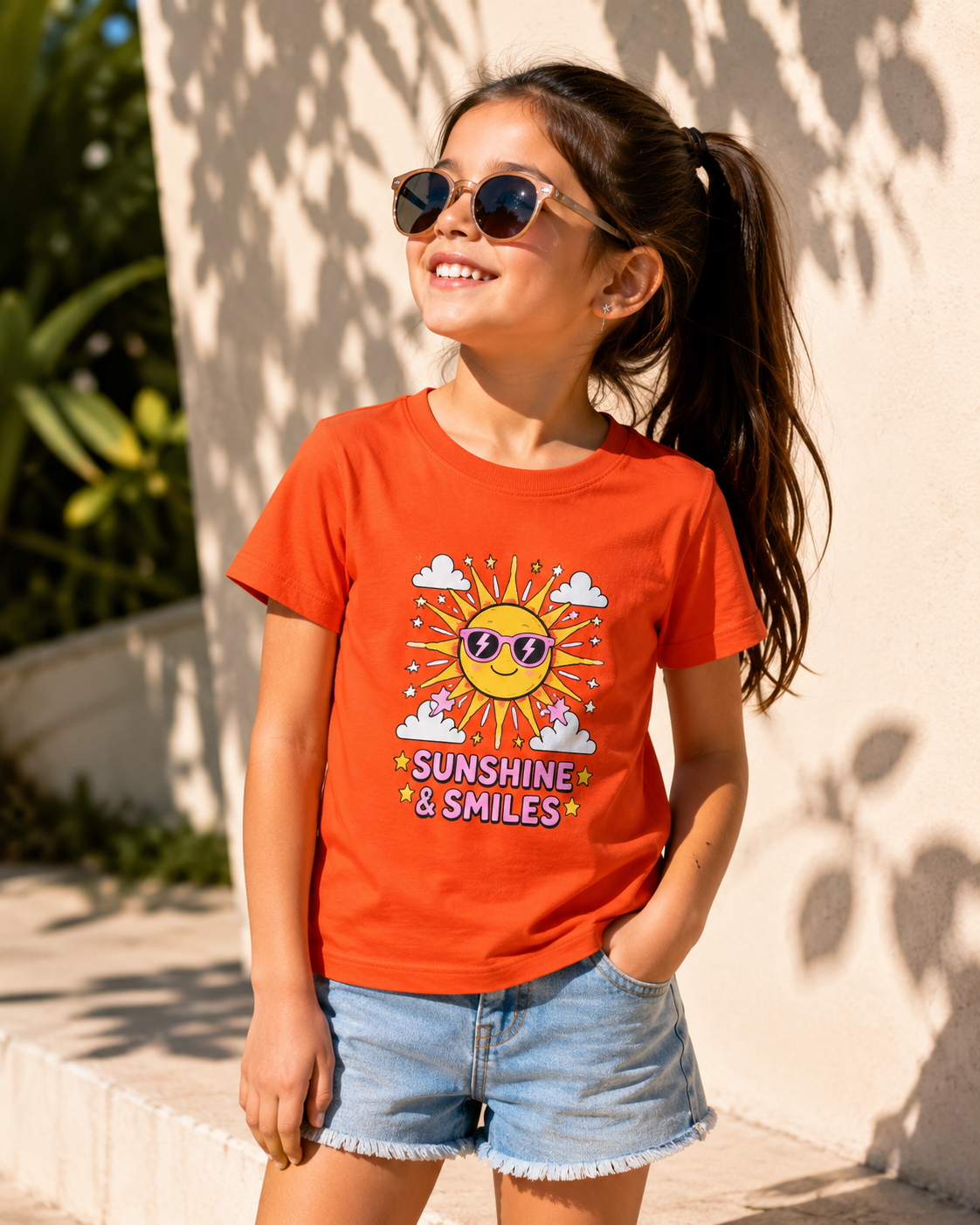 Sunshine & Smiles Girls Graphic T-Shirt - Orange | Soft Cotton Short Sleeve Tee