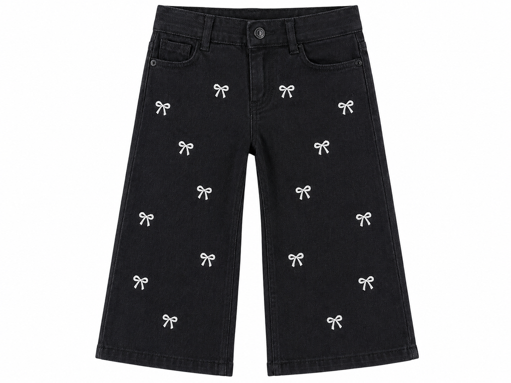 Reekaz Girls Black Embroidered Bow Wide Leg Denim Jeans | Soft Stretch Casual Pants | Ages 1–12 Years