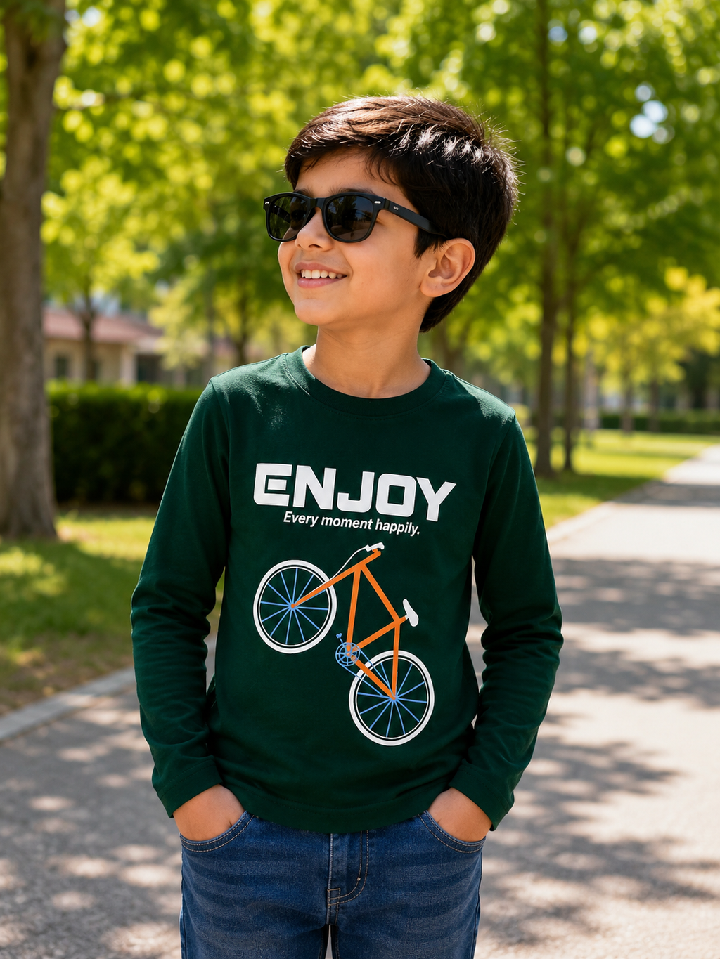 Reekaz Boys Dark Green Long Sleeve Bicycle Graphic T-Shirt – Enjoy Every Moment Happily