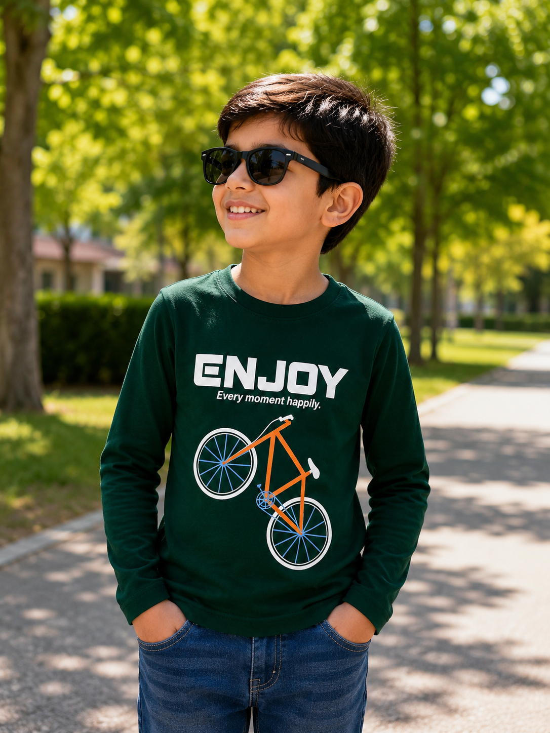 Reekaz Boys Dark Green Long Sleeve Bicycle Graphic T-Shirt – Enjoy Every Moment Happily