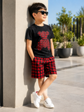 Reekaz Boys Teddy Bear T-Shirt & Plaid Shorts Summer Co-Ord Set – Black & Red Cotton Outfit