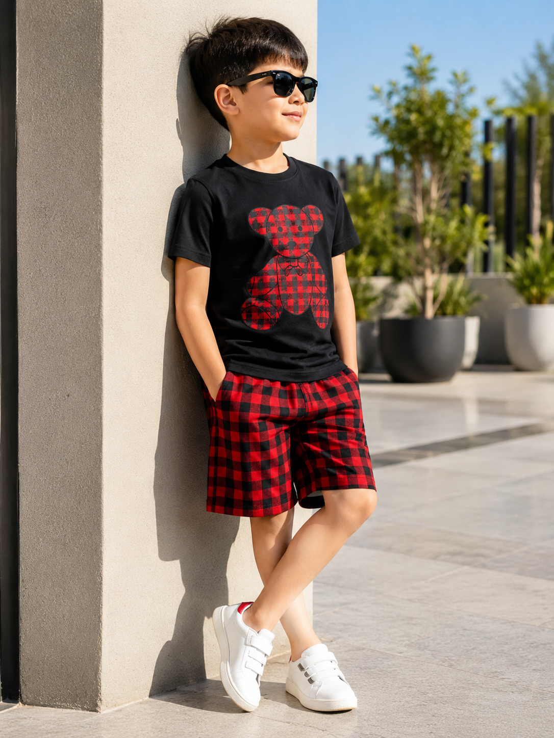 Reekaz Boys Teddy Bear T-Shirt & Plaid Shorts Summer Co-Ord Set – Black & Red Cotton Outfit