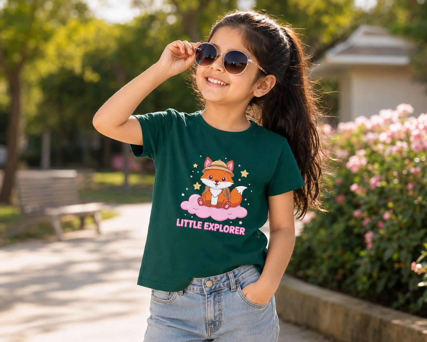 Little Explorer Girls Graphic T-Shirt - Green | Soft Cotton Short Sleeve Tee
