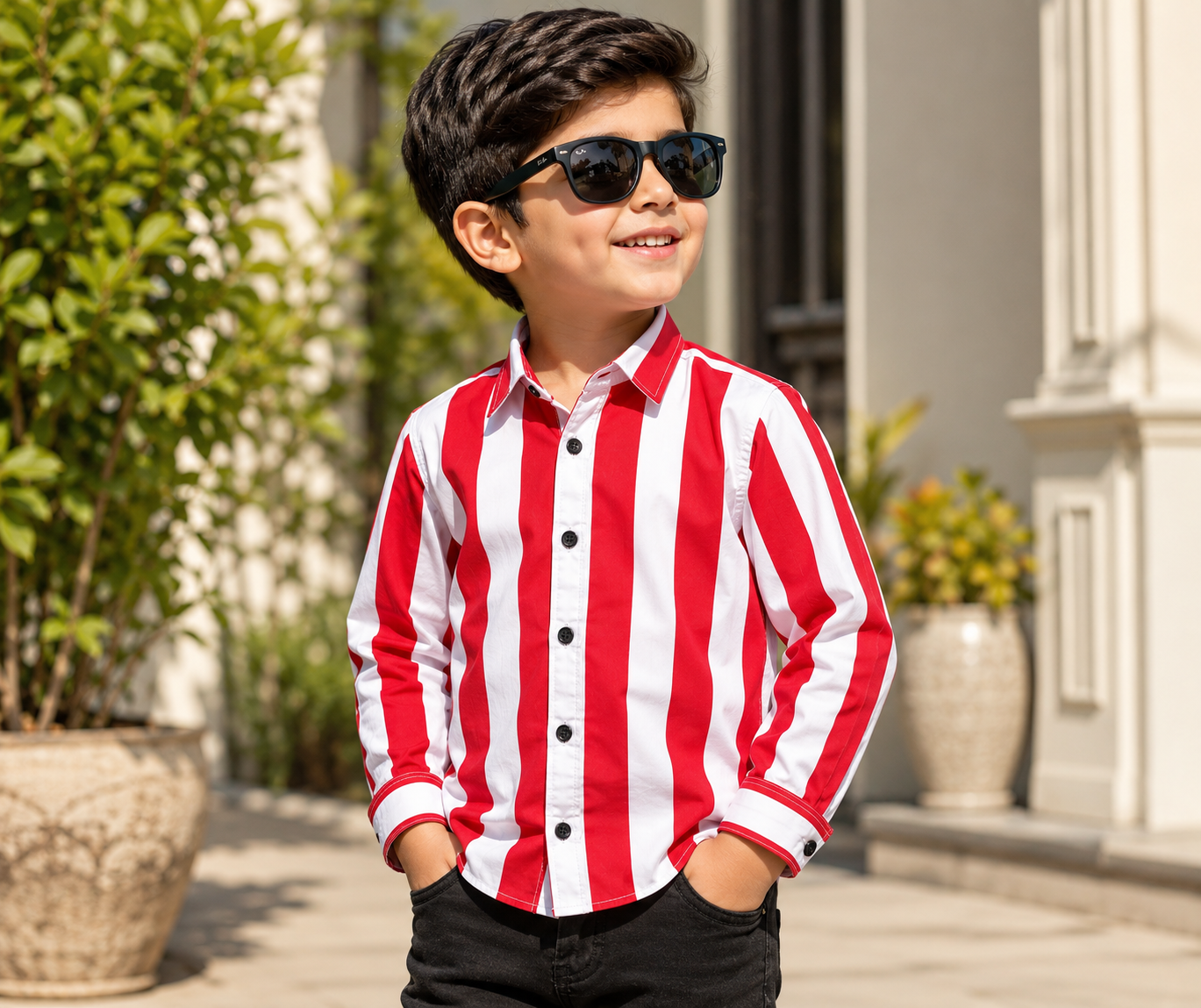 Reekaz Boys Red & White Striped Full Sleeve Button-Up Shirt | Smart Casual Cotton Shirt