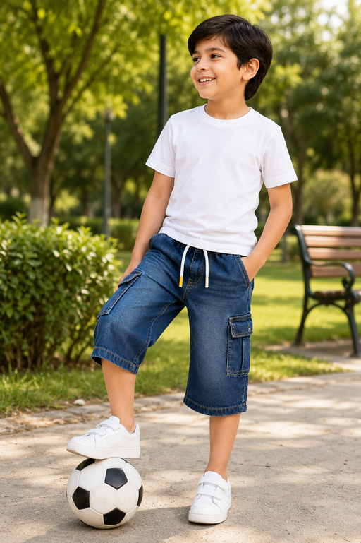 Reekaz Kids Denim Cargo Shorts – Dark Blue | Premium Soft Denim