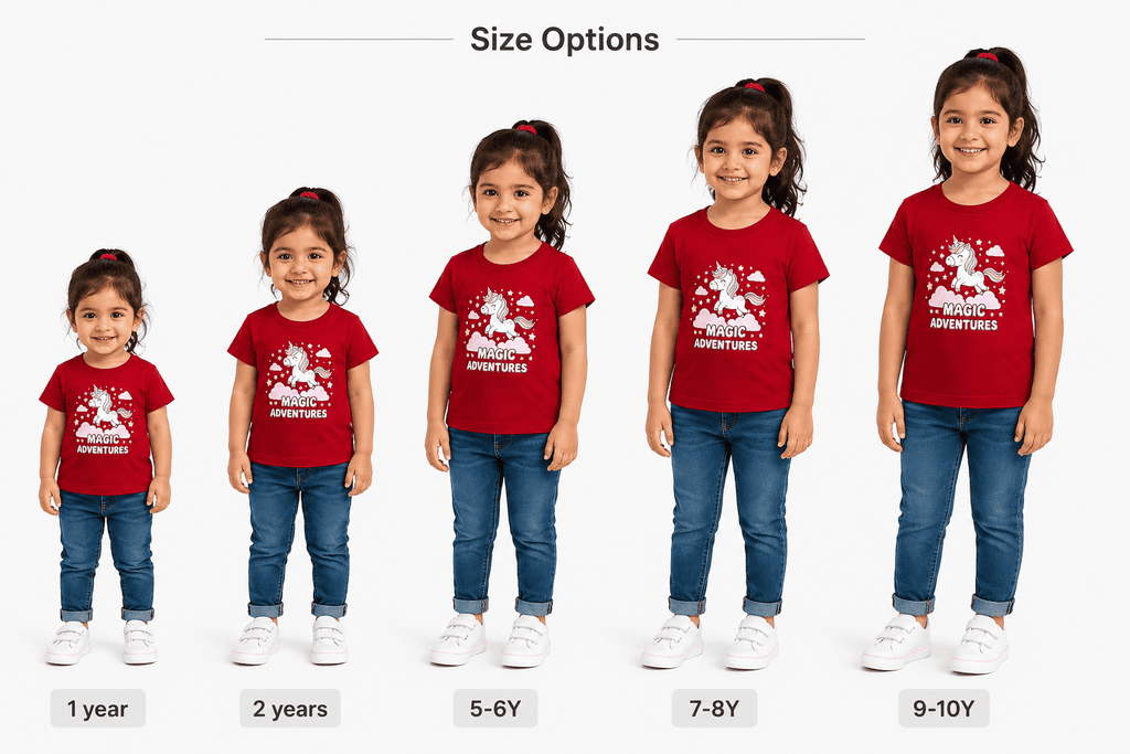 Magic Adventures Unicorn Girls Red Cotton T-Shirt | Soft Kids Tee | Reekaz