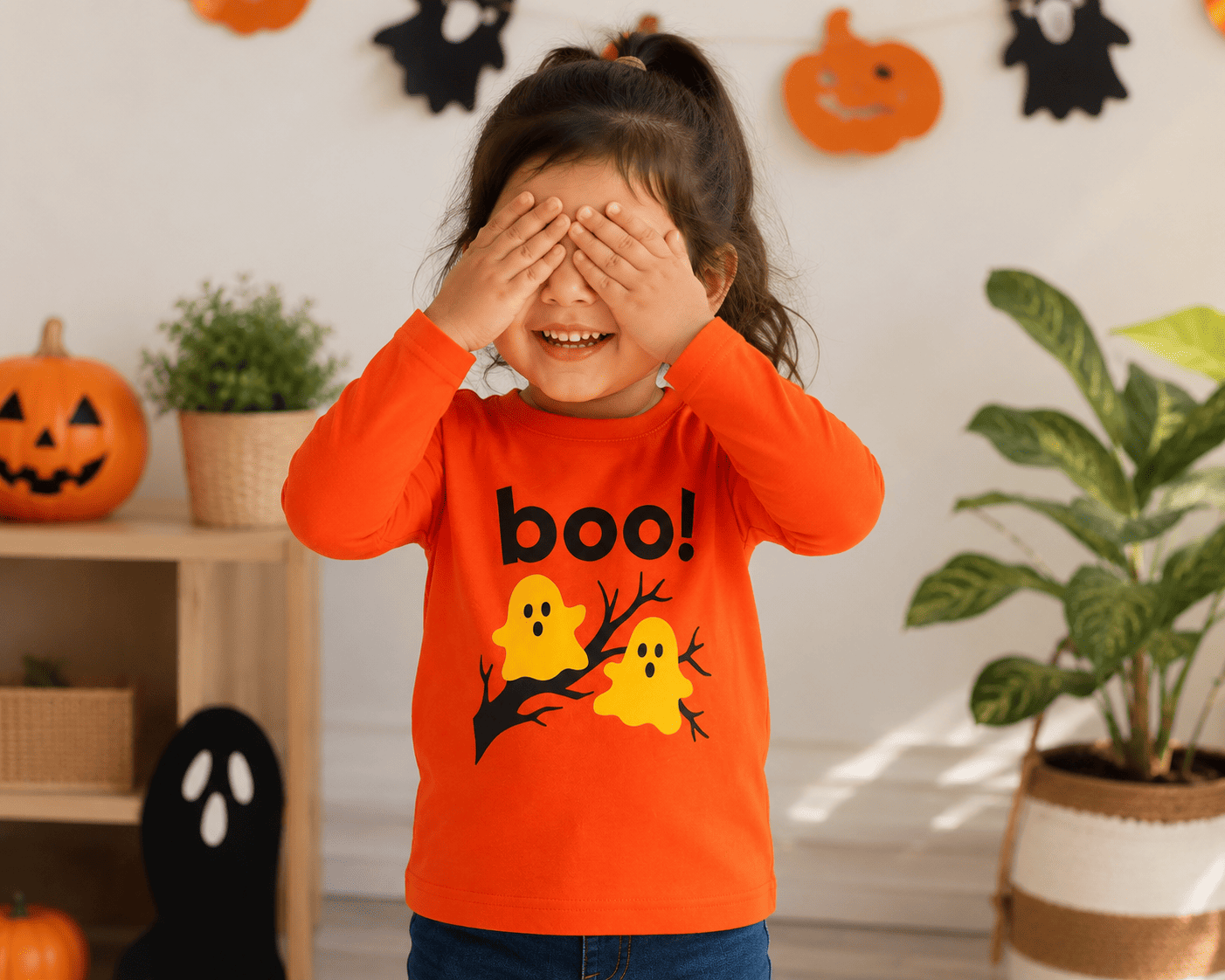 Reekaz Girls Peekaboo Boo! Printed Long Sleeve T-Shirt | Soft Cotton Kids Tee | Orange