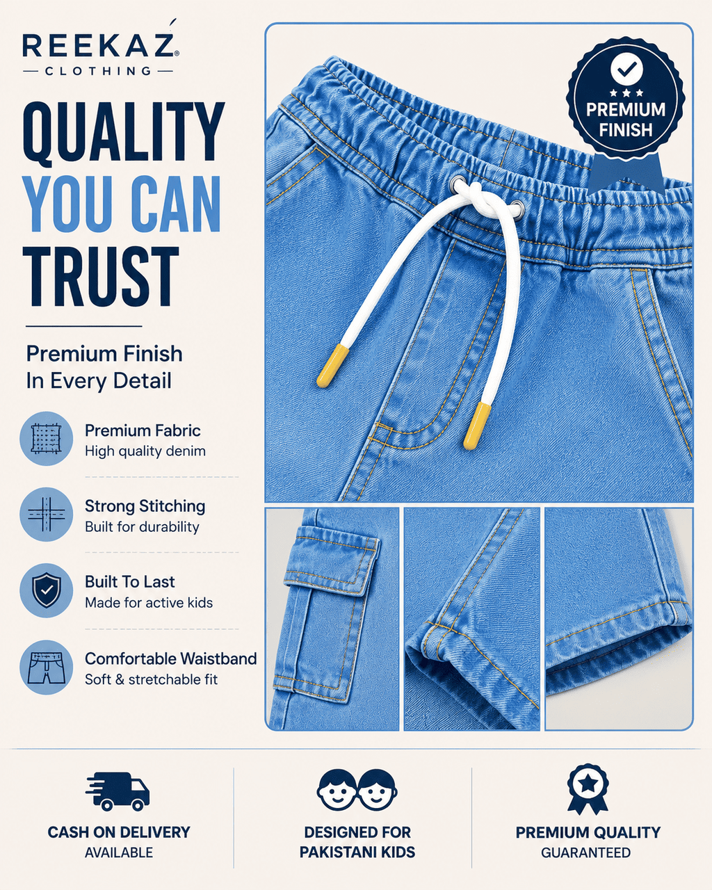 Reekaz Kids Sky Blue Denim Cargo Nicker Shorts | Soft Stretch Waistband | Ages 2-9 Years