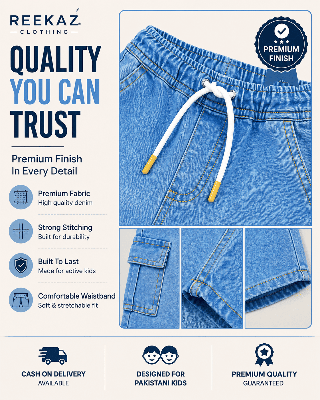 Reekaz Kids Sky Blue Denim Cargo Nicker Shorts | Soft Stretch Waistband | Ages 2-9 Years