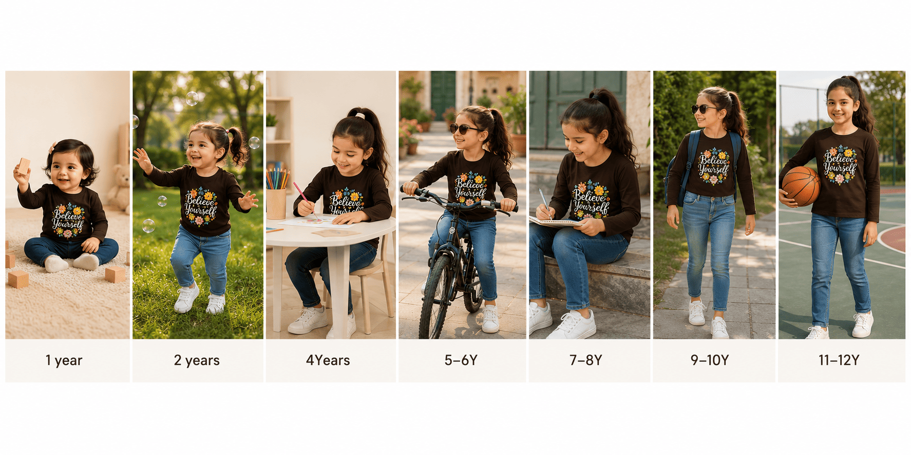 Reekaz Believe in Yourself Girls Long Sleeve T-Shirt | Brown Floral Graphic Cotton Tee