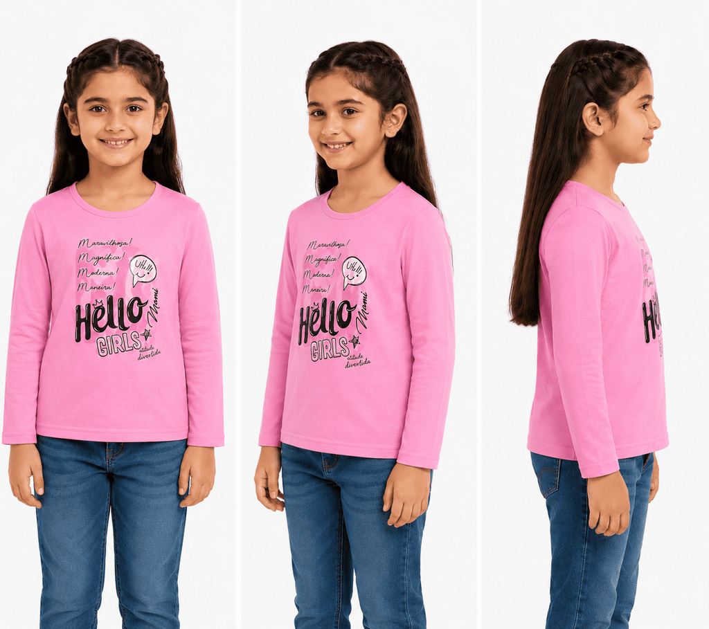 Reekaz Girls Long Sleeve Graphic T-Shirt – Hello Girls Print – Soft Cotton – Pink