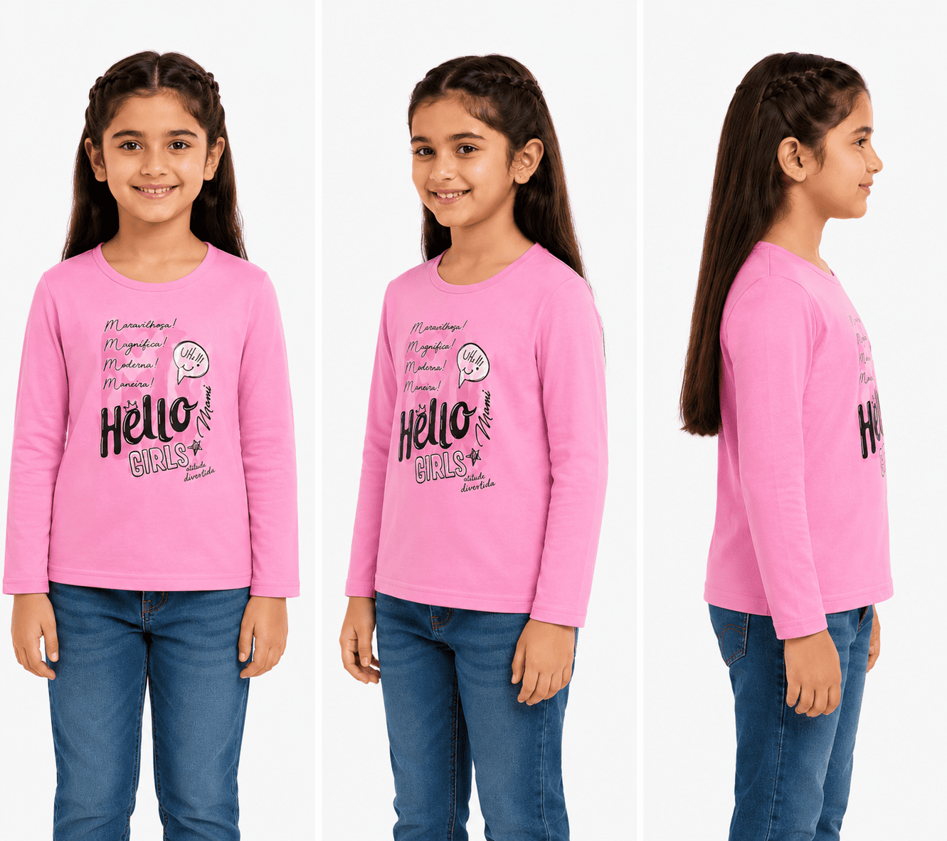 Reekaz Girls Long Sleeve Graphic T-Shirt – Hello Girls Print – Soft Cotton – Pink