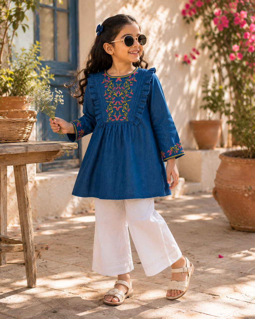 Reekaz Girls Embroidered Denim Kurta – Soft Cotton Casual Ethnic Top | Blue | Ages 4–14 Years