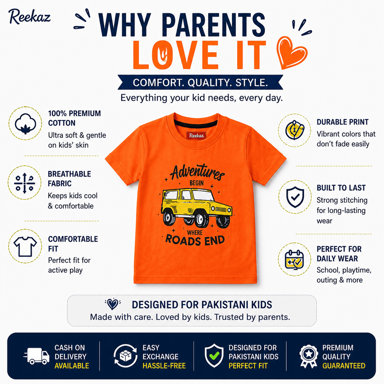 Reekaz Kids Adventure T-Shirt – Orange Cotton Graphic Tee, Soft & Breathable Daily Wear