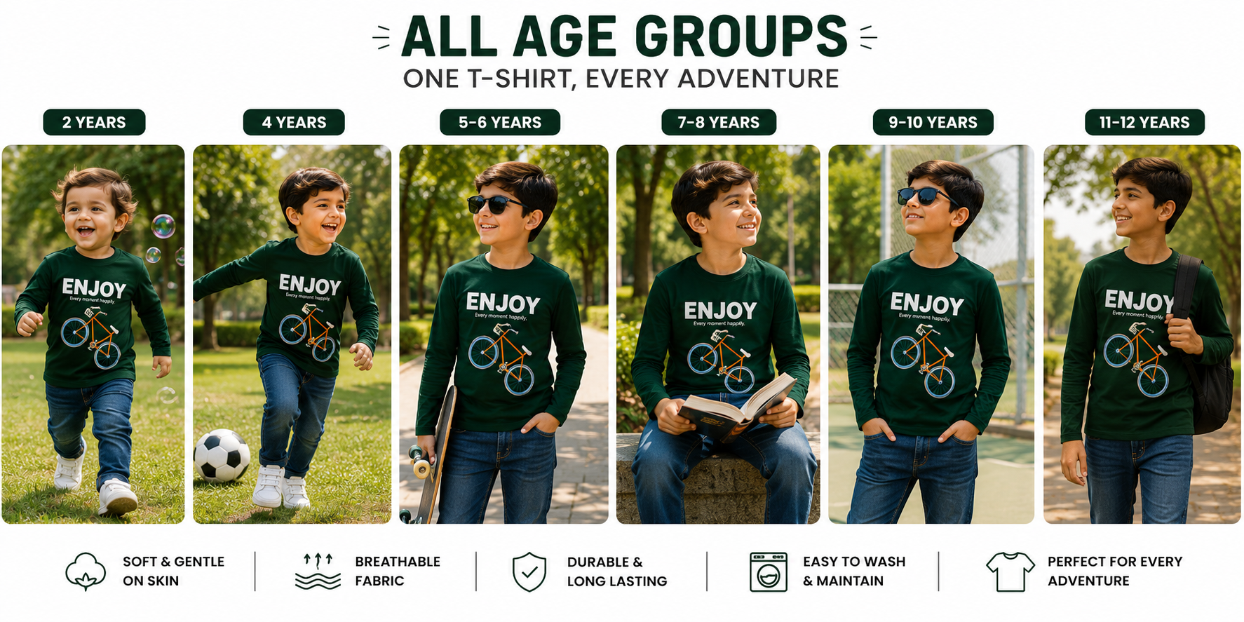 Reekaz Boys Dark Green Long Sleeve Bicycle Graphic T-Shirt – Enjoy Every Moment Happily