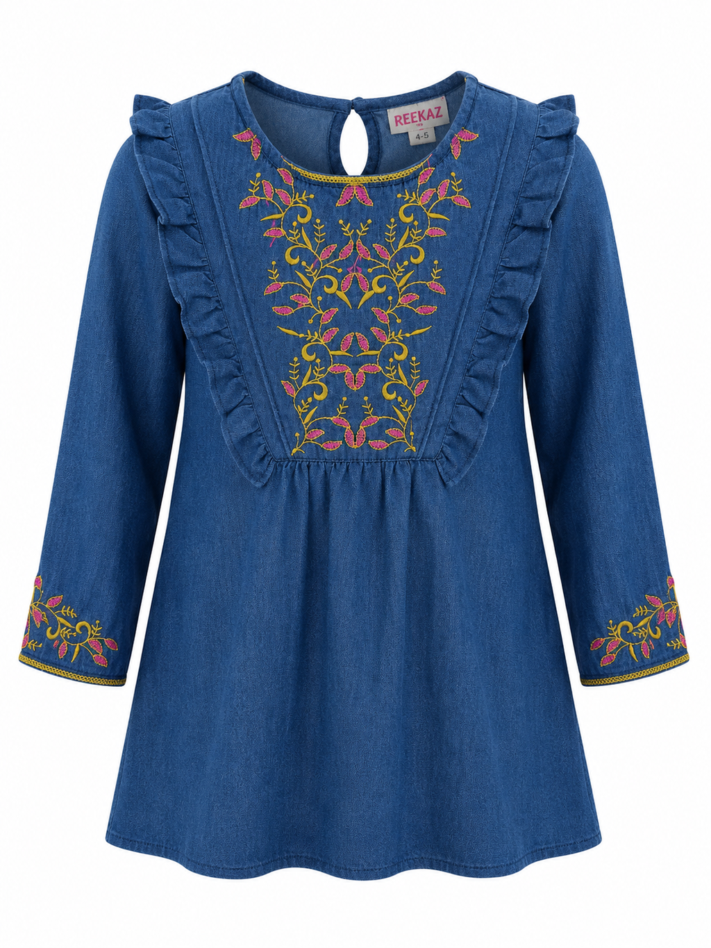 Reekaz Girls Embroidered Denim Kurta – Soft Cotton Casual Ethnic Top | Blue | Ages 4–14 Years