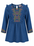 Reekaz Girls Embroidered Denim Kurta – Soft Cotton Casual Ethnic Top | Blue | Ages 4–14 Years