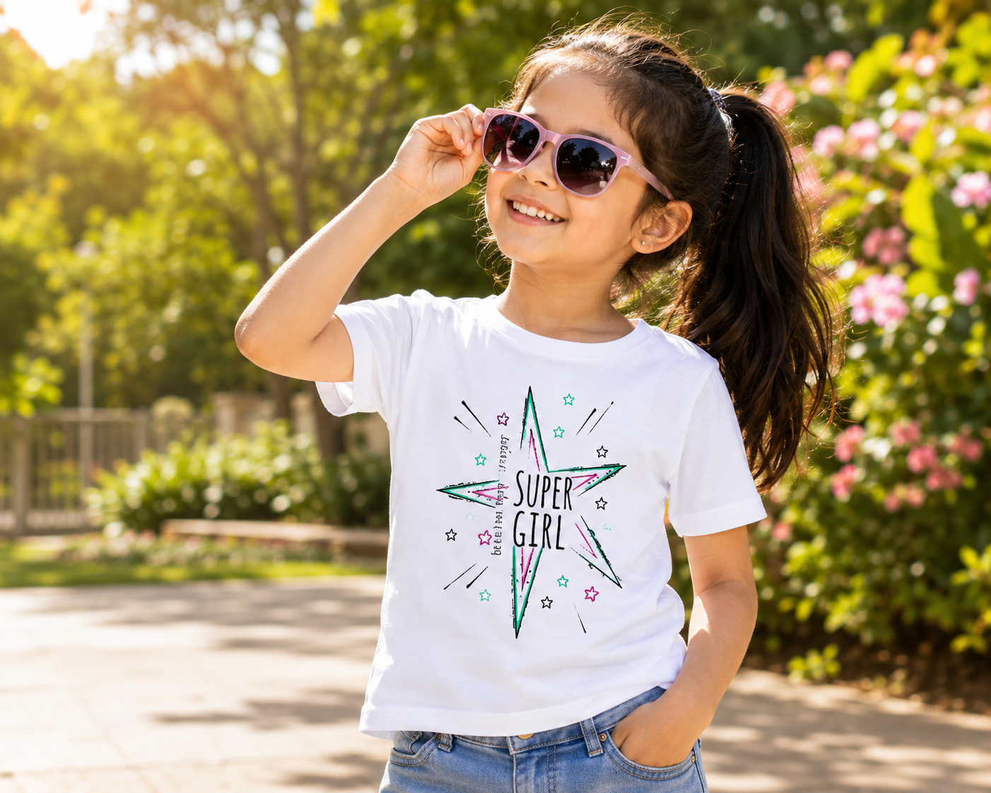 Reekaz Girls Super Girl Graphic T-Shirt – White Cotton Half Sleeve Tee (1–12 Years)
