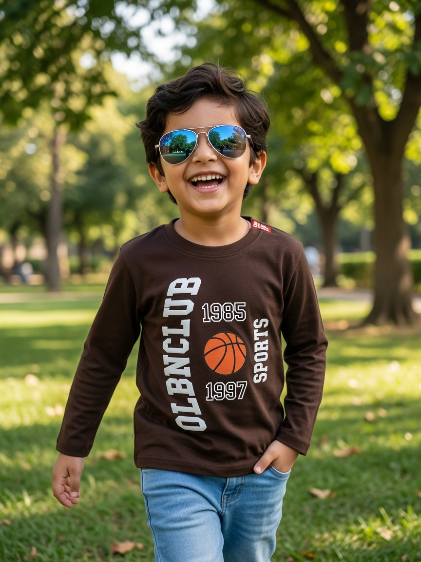 Kids Dark Brown Long Sleeve Basketball T-Shirt - OLBNCLUB Sports Graphic | 1-12 Years