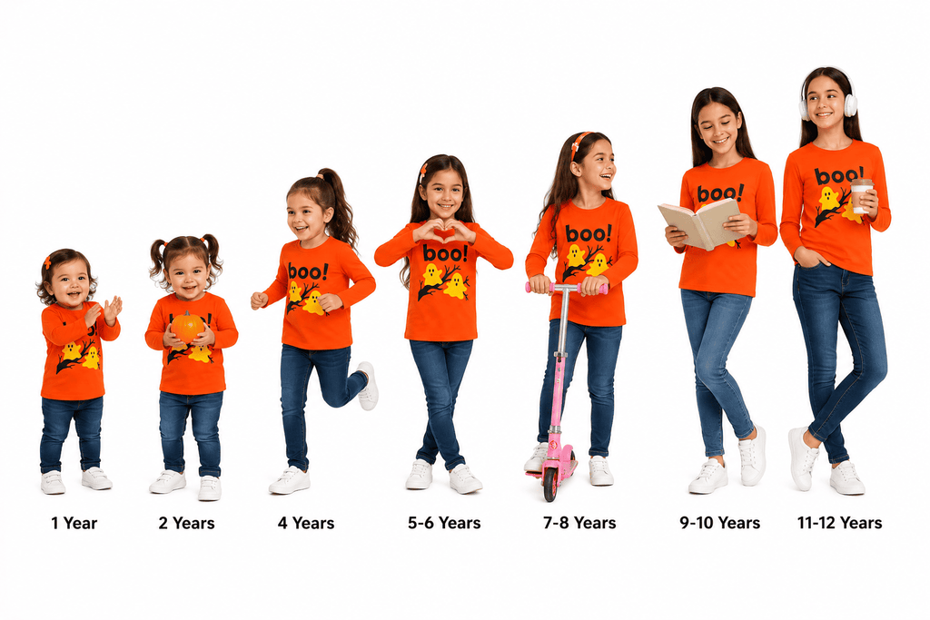 Reekaz Girls Peekaboo Boo! Printed Long Sleeve T-Shirt | Soft Cotton Kids Tee | Orange