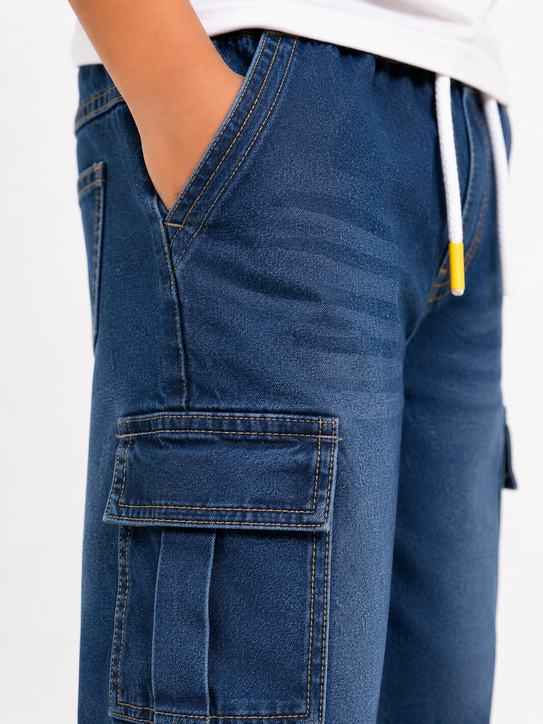Reekaz Kids Denim Cargo Shorts – Dark Blue | Premium Soft Denim