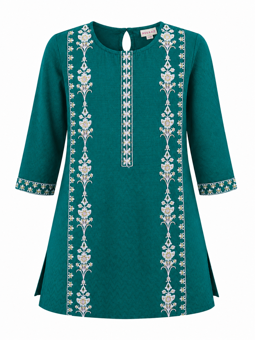 Reekaz Girls Emerald Green Embroidered Kurta | Premium Cotton Ethnic Wear | Ages 4–14 Years