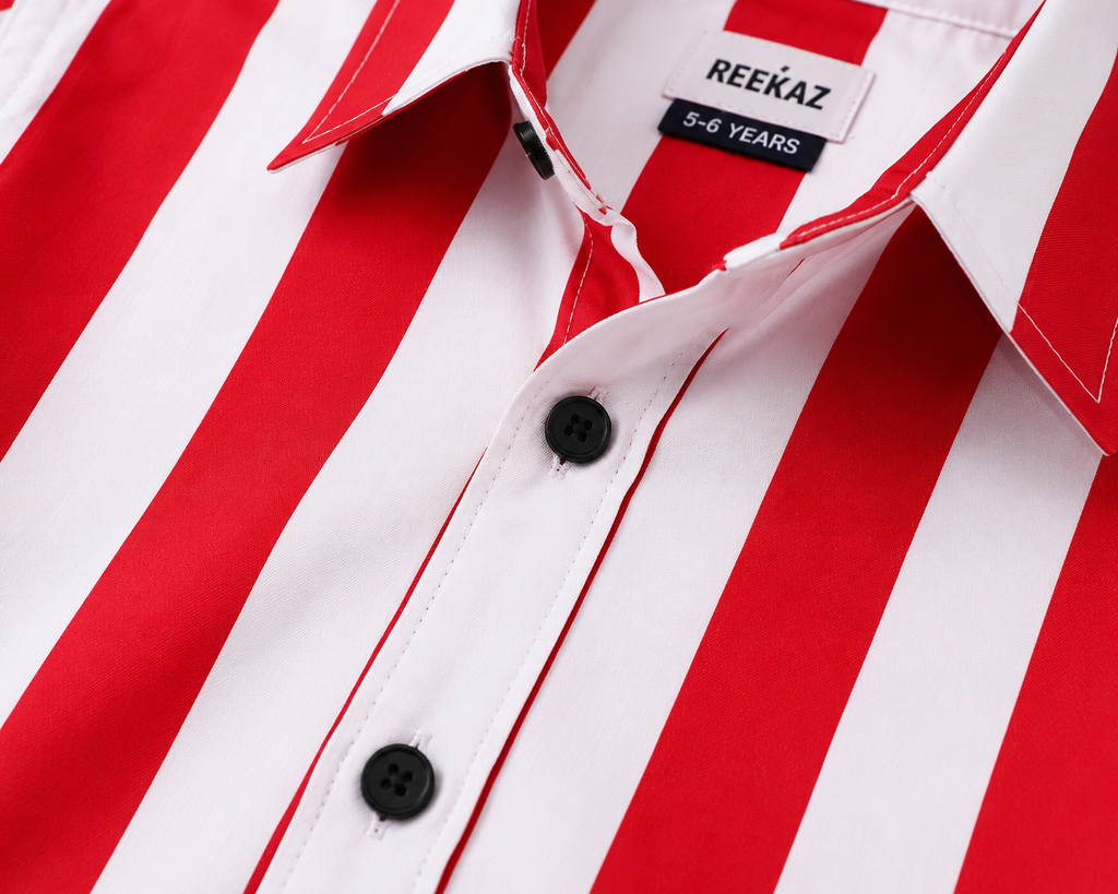 Reekaz Boys Red & White Striped Full Sleeve Button-Up Shirt | Smart Casual Cotton Shirt