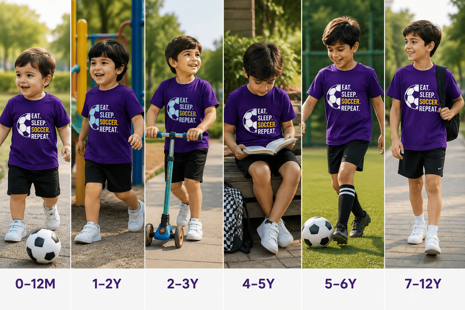 Reekaz Kids Purple "Eat. Sleep. Soccer. Repeat." Graphic T-Shirt – Soft Cotton Half Sleeves | Boys 1–12 Years
