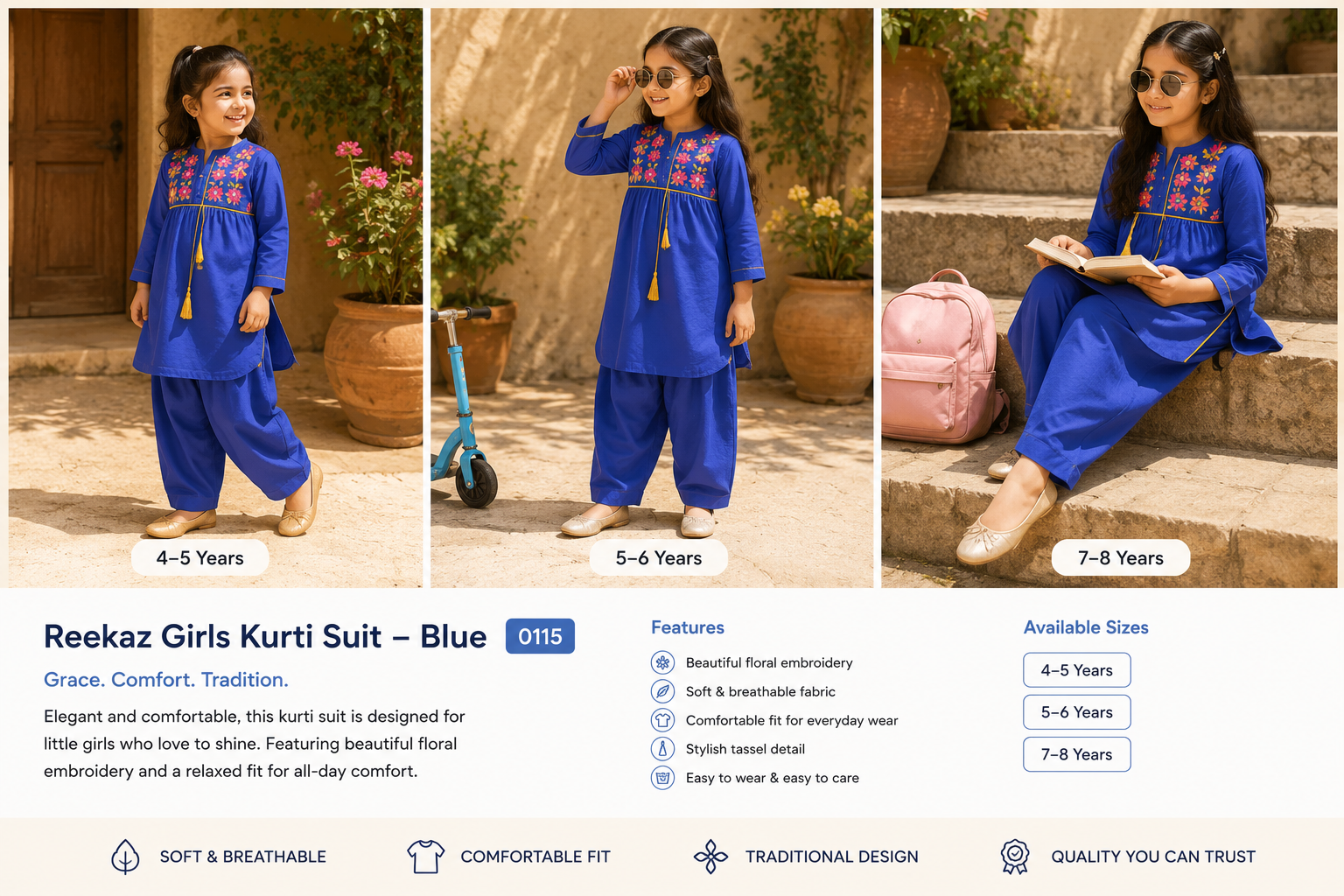 Reekaz Girls Embroidered Kurta Only – Royal Blue Traditional Eastern Wear for Kids