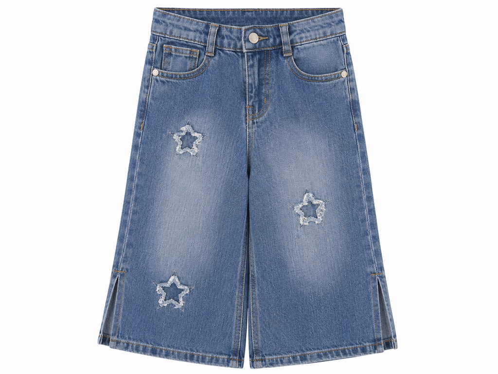Girls Light Blue Wide Leg Denim Jeans with Distressed Star Patches | High Waist Wide Leg Pants | Ages 1-12 Years | Reekaz
