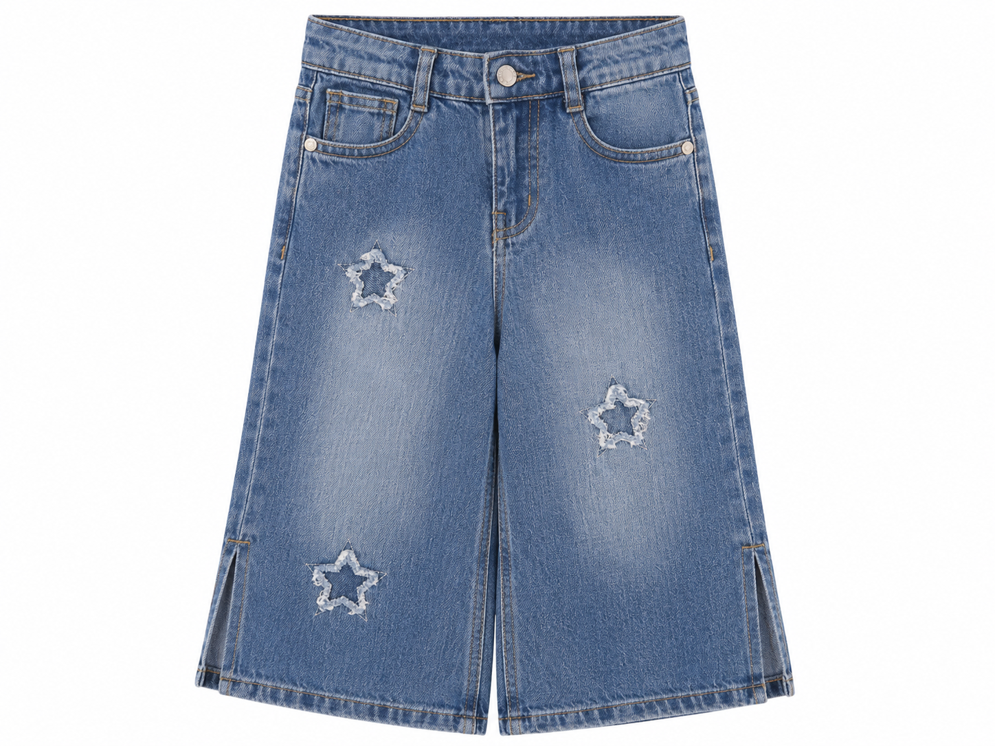 Girls Light Blue Wide Leg Denim Jeans with Distressed Star Patches | High Waist Wide Leg Pants | Ages 1-12 Years | Reekaz