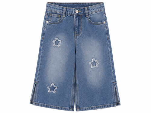 Girls Light Blue Wide Leg Denim Jeans with Distressed Star Patches | High Waist Wide Leg Pants | Ages 1-12 Years | Reekaz