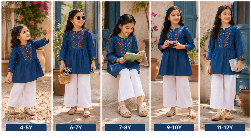 Reekaz Girls Embroidered Denim Kurta – Soft Cotton Casual Ethnic Top | Blue | Ages 4–14 Years
