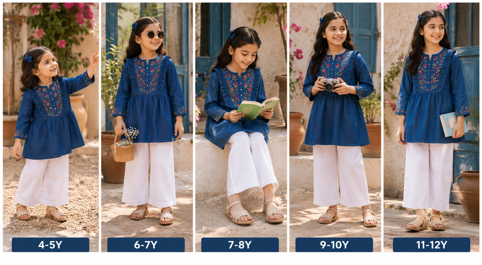 Reekaz Girls Embroidered Denim Kurta – Soft Cotton Casual Ethnic Top | Blue | Ages 4–14 Years