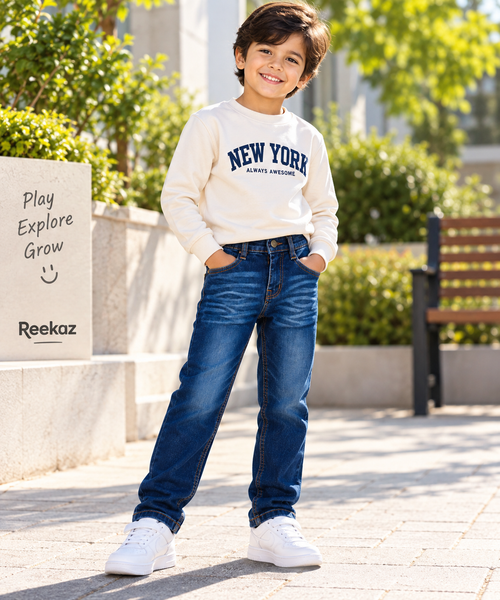 Boys Dark Blue Faded Regular Fit Denim Jeans with Contrast Stitching