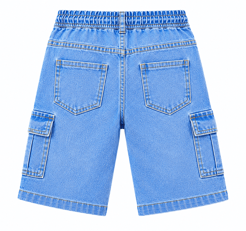 Reekaz Kids Sky Blue Denim Cargo Nicker Shorts | Soft Stretch Waistband | Ages 2-9 Years
