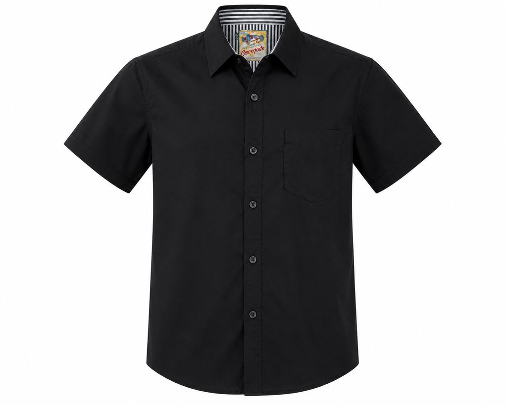 Reekaz Boys Black Short Sleeve Casual Button-Up Shirt | Smart Cotton Shirt for Kids (4–10 Years)