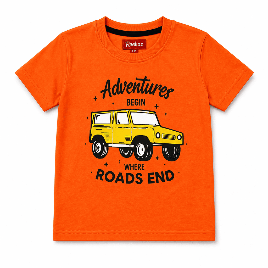 Reekaz Kids Adventure T-Shirt – Orange Cotton Graphic Tee, Soft & Breathable Daily Wear