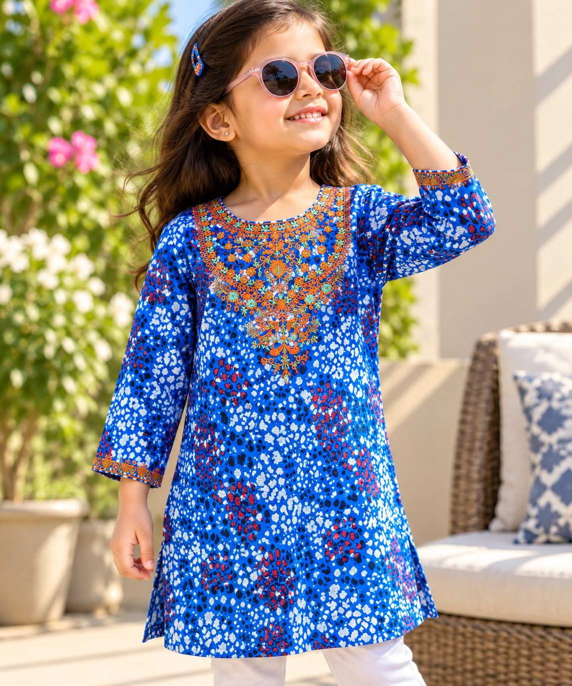 Reekaz Girls Embroidered Printed Kurta – Blue Multicolor Ethnic Cotton Kurti | 3-4 to 14 Years