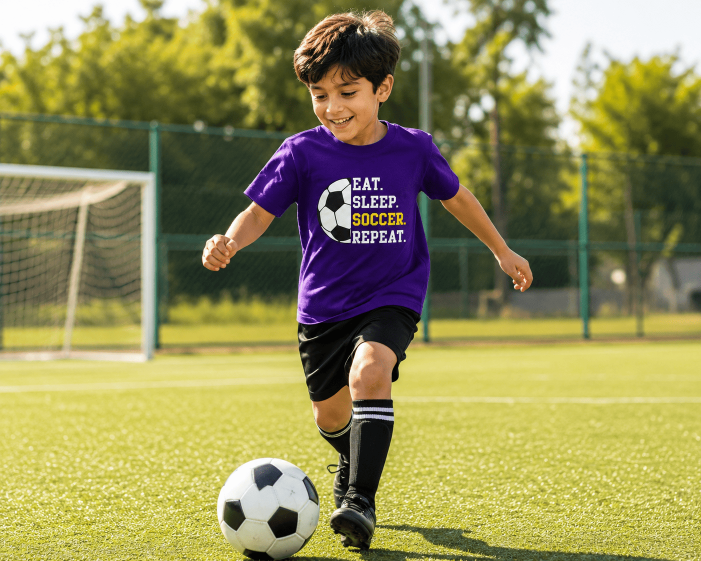 Reekaz Kids Purple "Eat. Sleep. Soccer. Repeat." Graphic T-Shirt – Soft Cotton Half Sleeves | Boys 1–12 Years