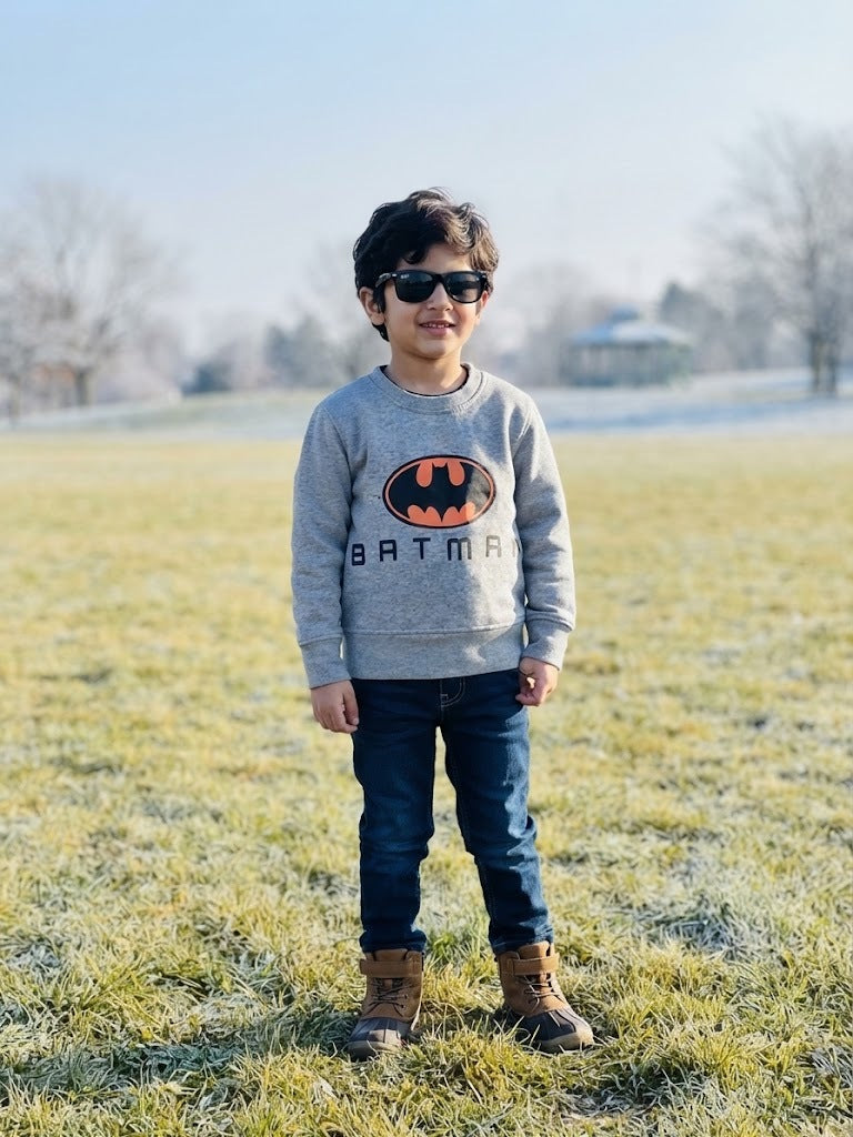 Boys Grey Superhero Bat Logo Printed Full Sleeve Winter Sweatshirt