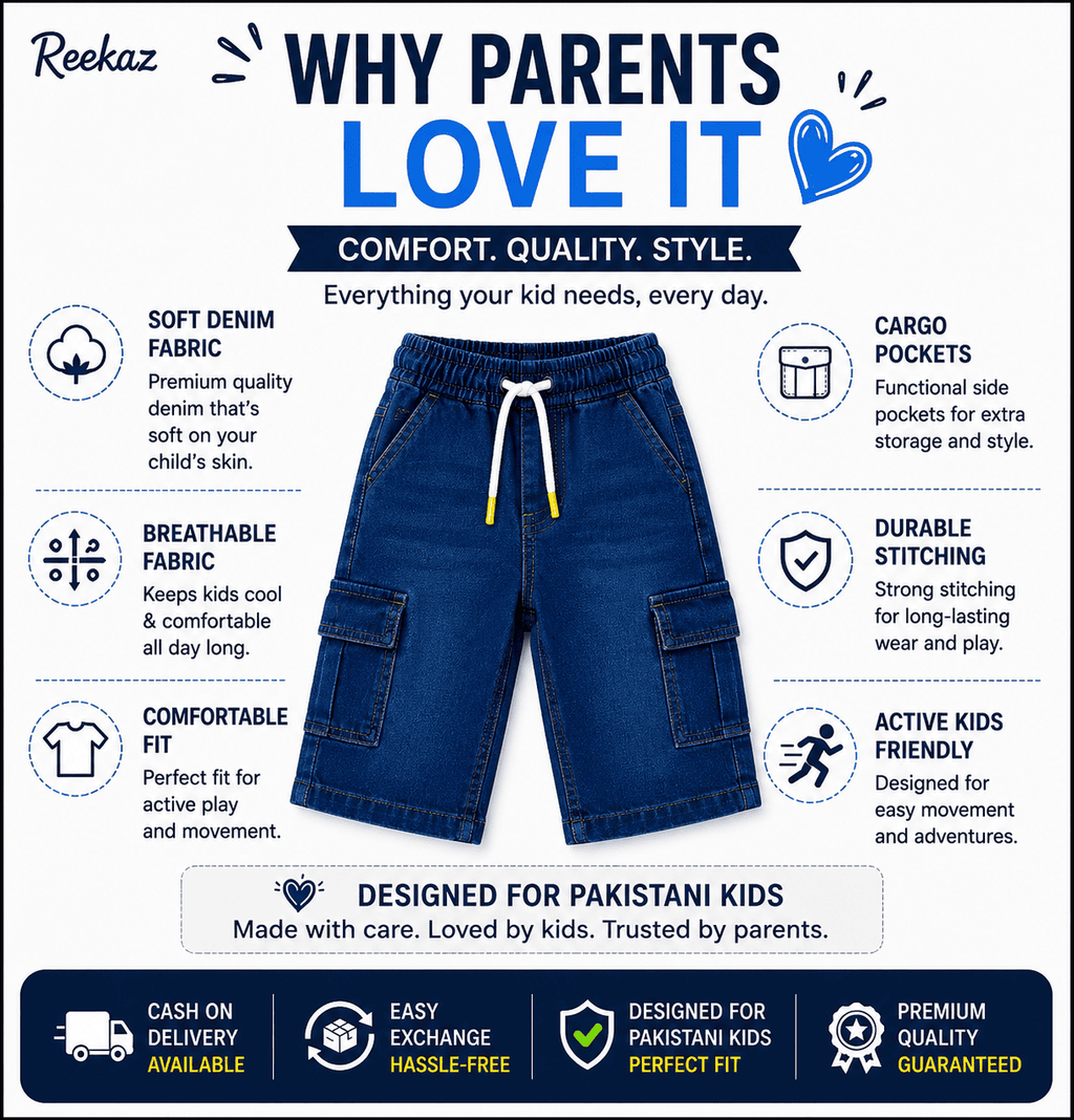 Reekaz Kids Royal Blue Denim Cargo Shorts | Soft & Comfortable Summer Shorts for Boys