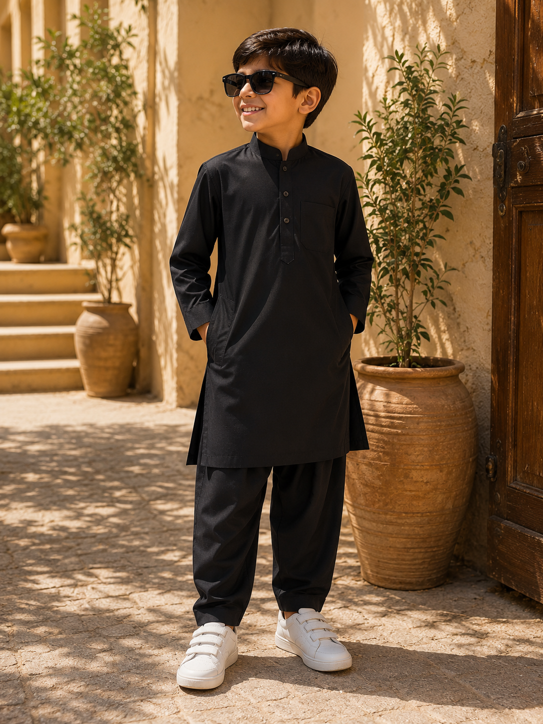 REEKAZ Boys Black Cotton Kurta | Traditional Pakistani Kurta for Kids | Eid & Casual Wear (1-6 Years)