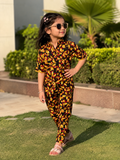 Reekaz Girls Black & Mustard Leaf Print Co-Ord Set | Premium Cotton Summer Outfit